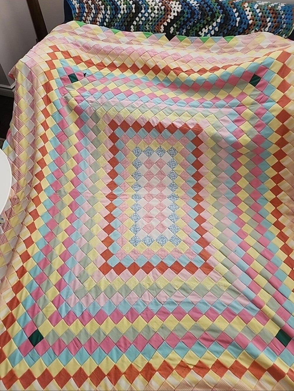 Vintage 1960s–70s Trip Around the World Polyester Double Knit Patchwork Quilt